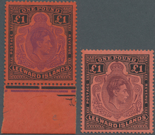 ** Leeward-Inseln: 1938-45 KGVI. £1, Two Stamps In Different Colour Shades, Perforated 14, One With Sheet Margin At Foot - Leeward  Islands