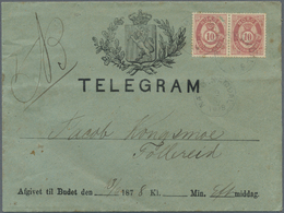 Br Norwegen: 1877, 10 ö. Rose, Horizontal Pair Tied By Cds. "NÆRØY NAMDAL 19.6." To Preprinting Cover "TELEGRAM", - Unused Stamps