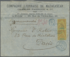 Br Madagaskar: 1904. Registered Envelope (roughly Opend, Folds) To France Bearing Yvert 34, 20c Yellow/green (pair) Tied - Madagascar (1960-...)