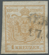 O Österreich: 1850, 1 Kr Hellbraunorange, Handpapier, Allseits Vollrandig Mit Schwarzem Langstempelteil, Tadello - Unused Stamps