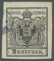 O Österreich: 1850/1854, 2 Kr Schwarz Maschinenpapier, Ausschliessliche Entwertung Durch Teil Einer Blauen Firme - Nuovi
