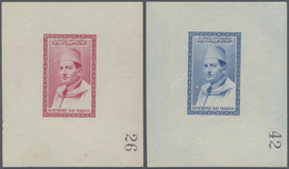 ** Marokko: 1956/1957. Lot Of 2 Epreuves Showing Unissued Design "Sultan Mohammed" (similar To Sc #1/7). One In Red Numb - Morocco (1956-...)