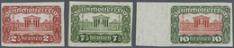 (*) Österreich: 1920, Volksabstimmung, 2½, 7½ Und 10 Kronen, Ungezähnte Probedrucke Ohne Aufdruck, Auf Normalem Fa - Nuovi