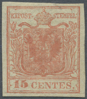 * Österreich - Lombardei Und Venetien: 1854, 15 Cent. Rot Vollrandig Ungebraucht, Restgummi, Oben Schräger Einri - Lombardy-Venetia