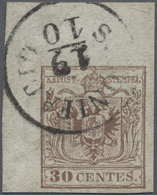 O Österreich - Lombardei Und Venetien: 1850, 30 C. Lilabraun, Type III, Linkes Oberes Eckrandstück (6:10 Mm) Mit - Lombardy-Venetia