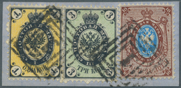 Brrst Polen: 1865, 1  Kop. Black Yellow, 3 Kop. Black Green And 10  Kop. Blue Brown On Piece Used In Poland, Tied By - Storia Postale