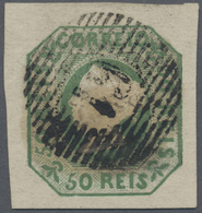 Br Portugal: 1853. 50 R Yellow Green, A Superb Large Four Margin Copy Showing Bold Strike Of "61" Numeral From Gu - Covers & Documents