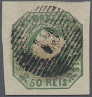 Br Portugal: 1853. 50 R Yellow Green, A Superb Large Four Margin Copy Showing Bold Strike Of "61" Numeral From Gu - Storia Postale