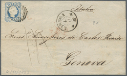 Br Portugal: 1857/1860, Two Items 25 R Rose And One 25 R Blue On Two Folded Letters From LISBOA Via BADAJOZ/Spain - Covers & Documents