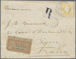 Br Portugal: 1891. Registered Envelope (stains And Tears) Addressed To France Bearing Yvert 47, 150r Yellow Tied - Covers & Documents