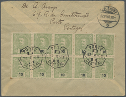 Br Portugal: 1908. Registered Envelope To Switzerland Bearing Yvert 126,10r Green (block Of Ten) Tied By Porto Ce - Storia Postale