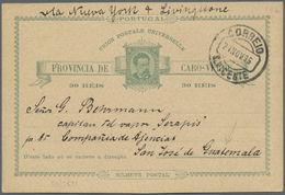 GA Portugal - Ganzsachen: 1896, Stationery Card 30 R Green On Buff, Sent From "S.VICENTE 21 NOV 96" To "Captain G - Entiers Postaux