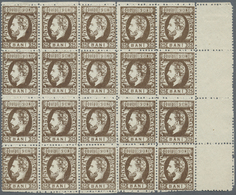 (*) Rumänien: 1872, Prince Karl 25 Bani Deep-brown, Perf. 12½ In Block Of 20 Values From Right Upper Corner With F - Storia Postale