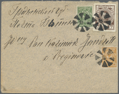 Br Russland: 1913, Romanow 7 Kop And Emblem-issue 1 Kop + 2 Kop All Tied By Mute Wheel-cancle From Libau, Latvia - Neufs
