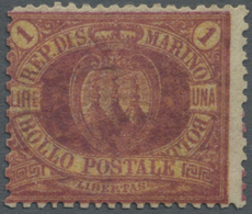 * San Marino: 1892, 1 L. Carmine And Yellow, Mint Tiny Hinge Remain, Expertised Thier And Diena, Sassone Catalog - Unused Stamps