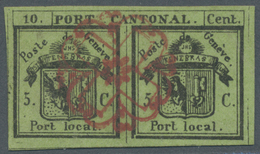 O Schweiz - Genf: 1843 DOPPELGENF 5+5 C. Schwarz/gelbgrün, Entwertet Mit Klar Und Voll Aufgesetzter, Roter Roset - 1843-1852 Federal & Cantonal Stamps