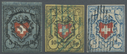 O Schweiz: 1850 Drei Attraktive Rayonmarken, Dabei Rayon I 5 Rp. Dunkelblau (Type 7, Marmorierter Blaudruck) Mit - Unused Stamps