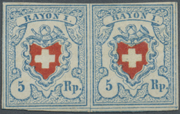 /(*) Schweiz: 1850: Paar 5 Rp. Rayon I Hellblau/rot, Typen 23+24 Vom Stein C1 (LO), Ringsum Breitrandig Mit Schnitt - Unused Stamps