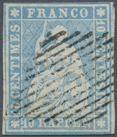 O Schweiz: 1856 Strubel 10 Rp. Grünlichblau Auf Dünnem Papier Mit Hellrotem Seidenfaden, Sehr Sauber Entwertet M - Unused Stamps