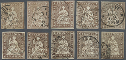 O Schweiz: 1857-62 Strubel: Zehn Einzelmarken Zu 5 Rp. Vom Letzten Berner Druck, Alle Farbfrisch Und Sauber Mit - Unused Stamps
