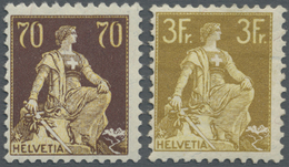 **/(*) Schweiz: 1908 Helvetia 70 Rp. Dunkelbraun/gelb Tadellos Postfrisch, Signiert Sorani, Und Dazu Eine 3 Fr. Ungeb - Unused Stamps