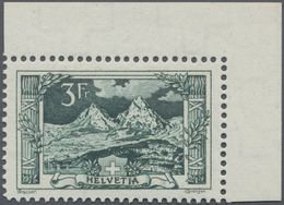 ** Schweiz: 1914, Freimarken: Gebirgslandschaften 3 Franken Schwärzlichbläulichgrün, Schneeweiße Bogenecke Oben R - Unused Stamps