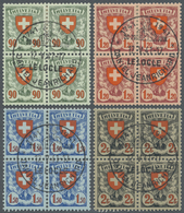 /O Schweiz: 1924 'Wappen' Im Kompletten, Einheitlich Zentrisch Gestempelten Viererblocksatz, Dabei Die Werte Zu 9 - Unused Stamps