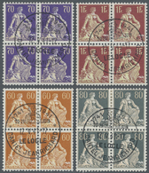 /O Schweiz: 1933/1940: Vier Einheitlich Zentrisch Gestempelte Viererblocks 'Helvetia Mit Schwert', 60 Rp. Und 80 - Unused Stamps