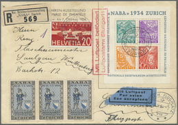 Br Schweiz: 1934 NABA-Block Zusammen Mit 13 Ausstellungsvignetten (vorder- Und Rückseitig) Und Flugpostmarke Zu 2 - Unused Stamps