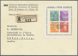 Br Schweiz: 1934, NABA-Block Mit SST Vom 30.IX.34 Und Sonder-R-Zettel Auf Einschreibe-Brief Von Zürich Nach Genf, - Unused Stamps