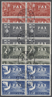 /O Schweiz: 1945, PAX-Satz In Zentrisch Gestempelten Viererblöcken, Teils Mit Bogenrand, Luxus. Als Gestempelter - Unused Stamps