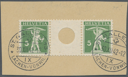 Brrst Schweiz - Zusammendrucke: 1910 Tell 5 Rp. Grün, Type II, Im Zwischenstegpaar Mit Großer Lochung Auf Briefstück - Se-Tenant