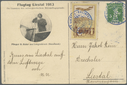 Br Schweiz - Halbamtliche Flugmarken: 1913 LIESTAL 50 C. Zusammen Mit Tell 5 C. Auf Offizieller Karte Mit Blauem - Oblitérés