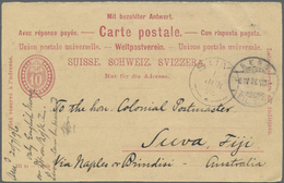 Br Schweiz - Ganzsachen: 1896. 10 Rp Ganzsachenpostkarte (Frageteil) Aufgegeben In BERN 6.IV.(18)96 Nach SUVA 1 J - Stamped Stationery