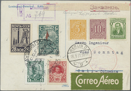 Sowjetunion: 1931, Eingeschriebene Luftpostkarte Ab Leningrad über Berlin Nach Cali/ Kolumbien, Roter Flugbest - Covers & Documents