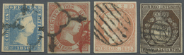 O Spanien: 1850/1853, Four Different Imperf. Stamps As FORGERIES Incl. 1850 Queen Isabella 6r. Blue Handstamped - Oblitérés
