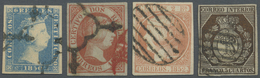 O Spanien: 1850/1853, Four Different Imperf. Stamps As FORGERIES Incl. 1850 Queen Isabella 6r. Blue Handstamped - Usati