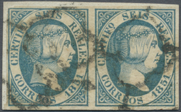 Brrst Spanien: 1851, Queen Isabella II. 6 R. Blue, Horizontel Pair, Fresh Colour And Ample To Wide Margins All Aroun - Used Stamps
