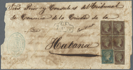 Br Spanien: 1855, Fünferblock 2 R Braunviolett Und Einzelmarke 1 R Grünlichblau, Beide Auf Bläulichem Papier Auf - Used Stamps