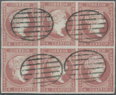 O/ Spanien: 1856, Issabella II Mit Lorbeer 4 Cs Karmin Im SECHSERBLOCK Gestempelt Vier Klaren Ovalen Rost-Stempel - Oblitérés