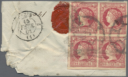 Brrst Spanien: 1860, 12cs. Carmine On Cream, Block Of Four Commercially Used On Piece, Oblit. By (illegible) Madrid - Usati