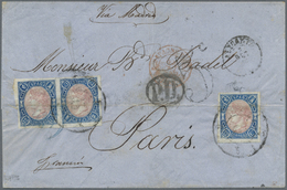 Br Spanien: 1865, 12 Cs Blau/rosa Im Breitrandig Ungezähnten Paar Dabei Rechte Marke Mit Abart: Kopfstehende Rahm - Used Stamps