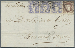 Br Spanien: 1870, 50 M. Ultramarine Strip Of 3 And Single 200 M. Brown, Attractive Franking On Cover From BARCELO - Oblitérés