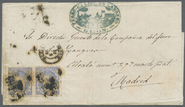 Br Spanien: 1872 (30 Jun), Gijon A Madrid. 50 Mils Azul, Pareja Horizontal, Mat. RP. En El Frente Fechador Y Marc - Used Stamps