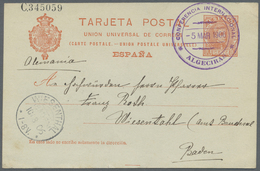 GA Spanien - Ganzsachen: 1906 (5.3), Stat. Postcard King Alonso 10c. Red On Bluish Stock With Violet Double-circl - 1850-1931