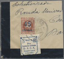 Brrst Spanien - Besonderheiten: LINARES 1937, "Pro Construccion Refugios 5 Cts." Blue, On Piece With 45c. On 2c. Bro - Altri & Non Classificati