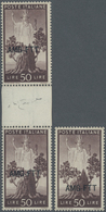 ** Triest - Zone A: 1950, 50l. Brown, Three Copies With Downwards Shifted Overprints: Single Stamp (5 Mm) And Ver - Mint/hinged