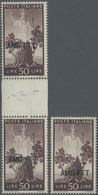 ** Triest - Zone A: 1950, 50l. Brown, Three Copies With Downwards Shifted Overprints: Single Stamp (5 Mm) And Ver - Nuovi