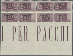 ** Triest - Zone A - Paketmarken: 1950, 20l. Purple, Bottom Marginal Block Of Four, Lower Stamps Showing Variety - Pacchi Postali/in Concessione