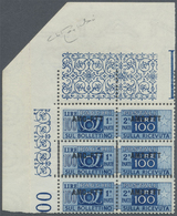 ** Triest - Zone A - Paketmarken: 1950, 100l. Blue, Marginal Block Of Three From The Upper Left Corner Of The She - Pacchi Postali/in Concessione